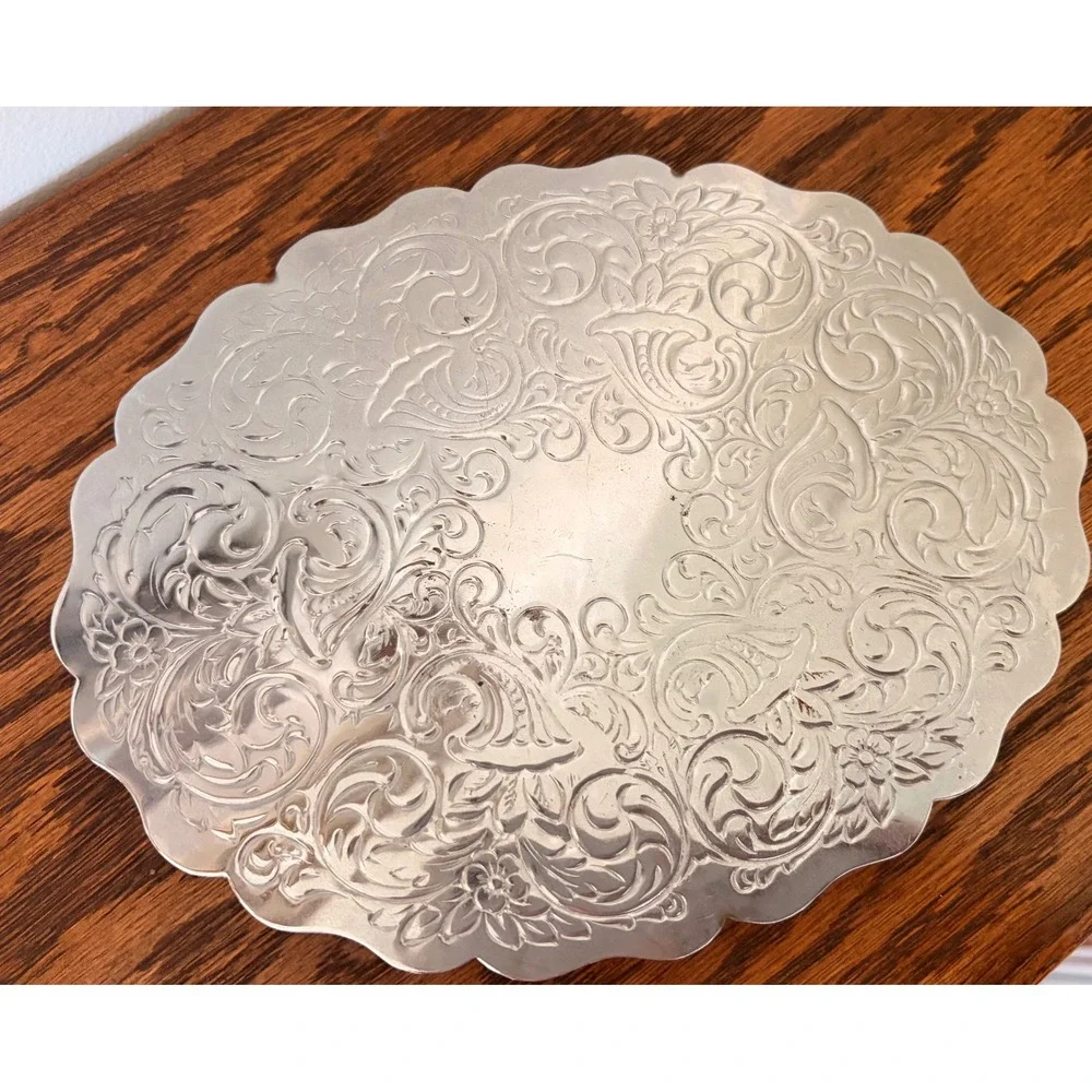 Vintage Silver Plated Footed Trivet Floral Embossed Scalloped Oval Vanity Tray